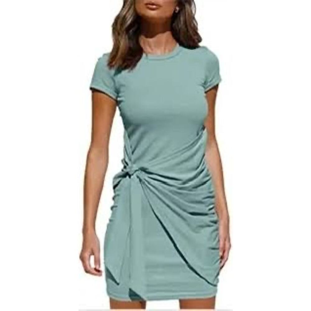 MEROKEETY Short Sleeve Crew Neck Mint T-Shirt Dress Tie Waist Ruched Dress Sz S